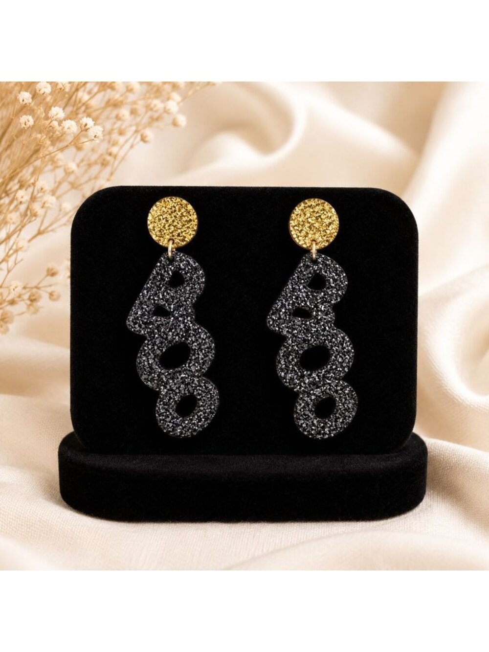 Halloween Glitter BOO Dangle Earrings Spooky Black Sparkle by Best of Everything